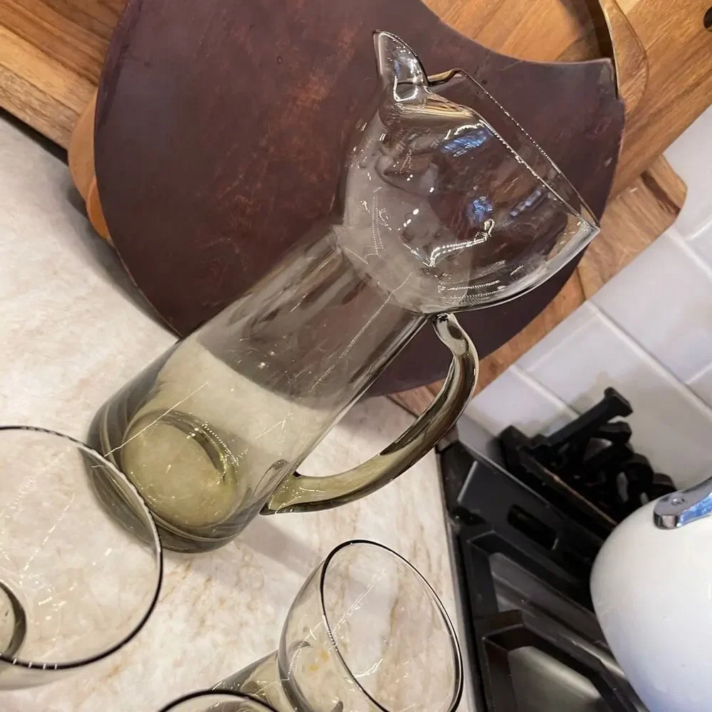 Vtg retro MCM Danish cocktail pitcher +5 martini glasses in a smoky glass